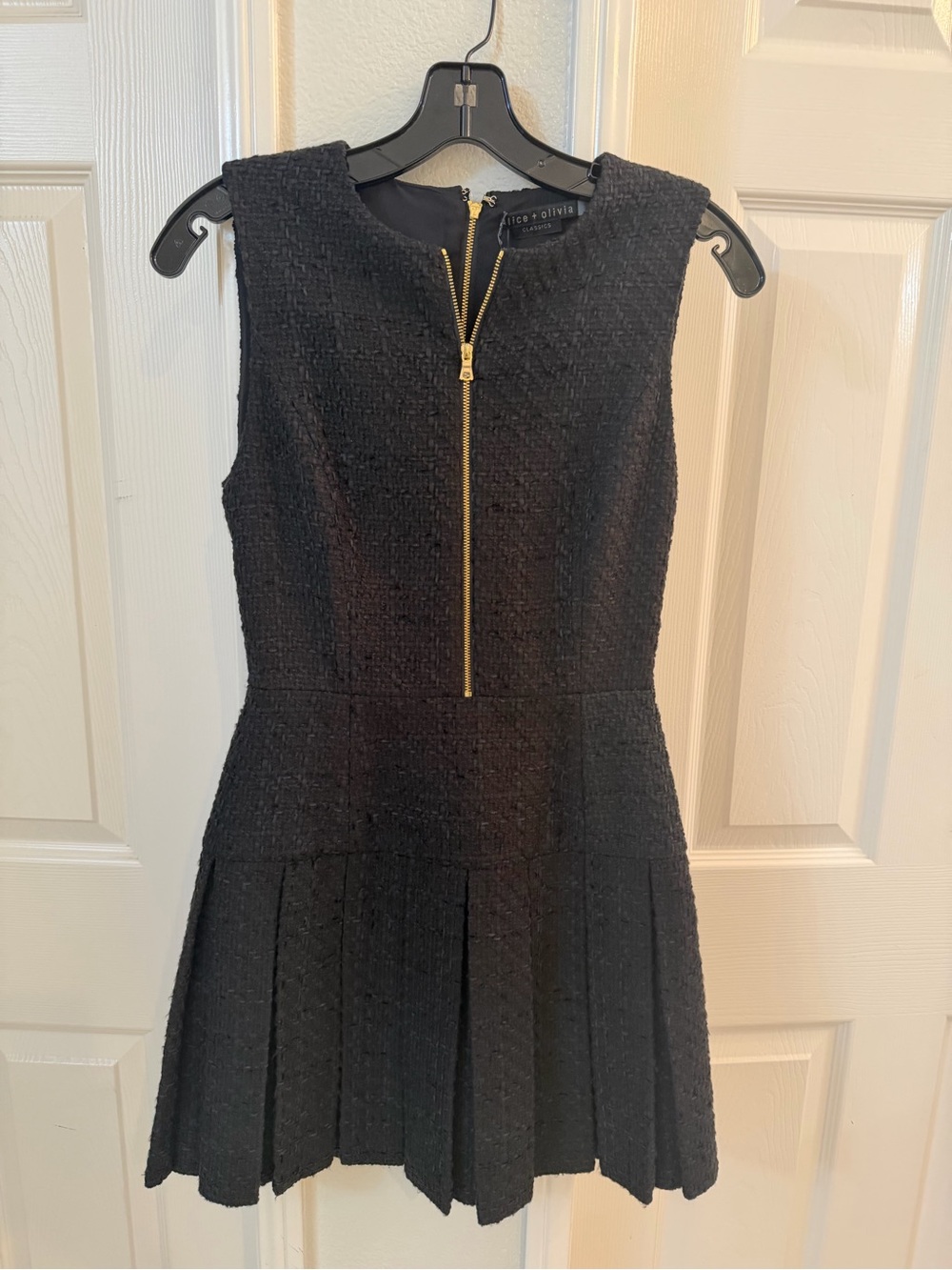 Alice + Olivia Black Textured Sleeveless Mini Dress with Gold Zip